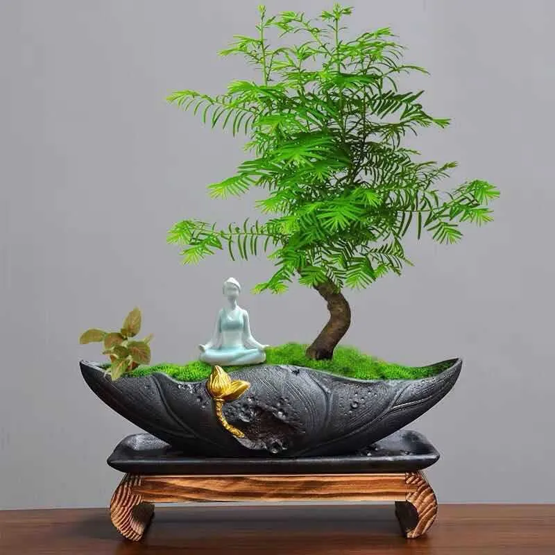 Skrivbord blomma krukor landskapsarkitektur mikro landskap bonsai kreativ keramisk målning guld svart teer bambu plantering 210615