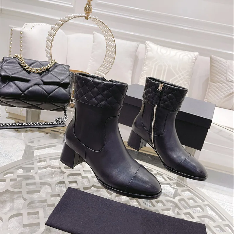 2021 Autumn Winter Classics Chunky Heel Women Boots High Heels Genuine Leather Stitching Luxury Designer Ankle Boot Zip  Booties