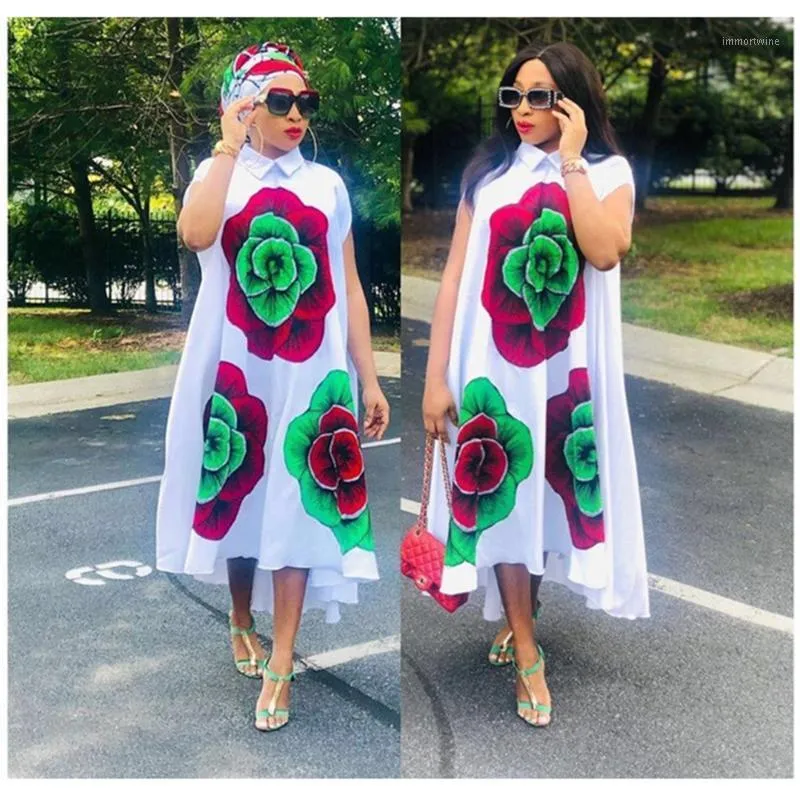 Etniska Kläder Sommar Kvinnors Klänningar 2021 Stor blomma Tryck Kortärmad Sexig Sexig Bazin Lång Robe Elegant Nigeria Shirt Dress Casu