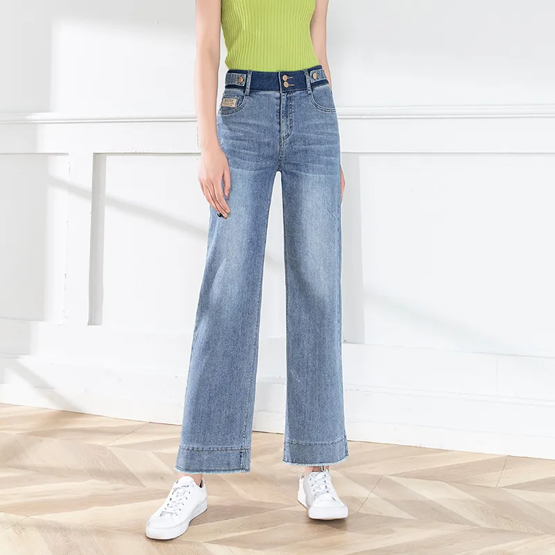 Mode All-Match Wide Leg Silm Taille Denim Pantalon Élégant Office Lady Plus Taille Jeans Femmes Printemps Casual Soft Bottoms 210525