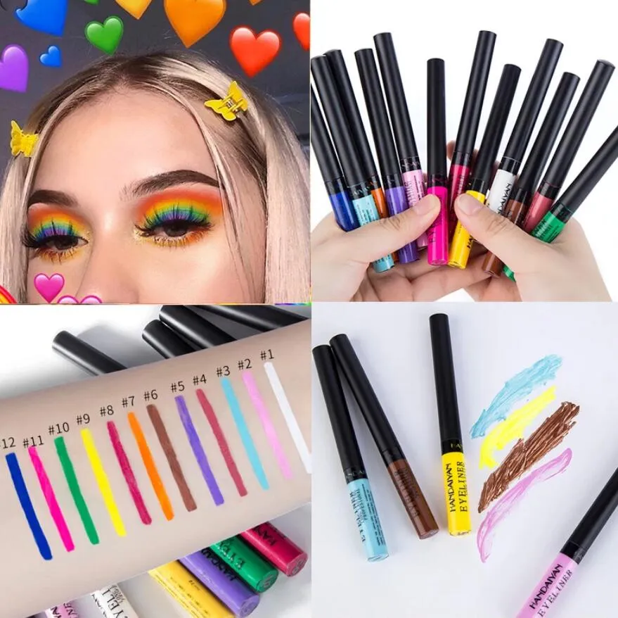 12 pz/set Colorato Eyeliner Penna Occhi Trucco Bianco Rosa Impermeabile Colore Liquido Eye Liner Matita Trucco Cosmetici Giallo Opaco Penna Viola