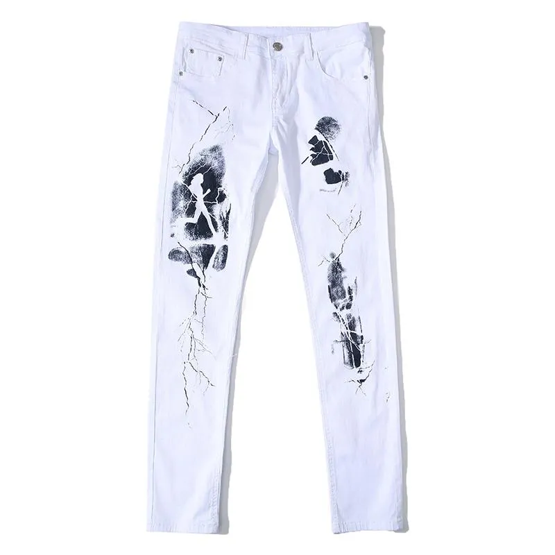 Pantalones vaqueros para hombre Diseñador de moda Denim Patrón Pegado Casual Pantalón blanco de alta calidad Warp