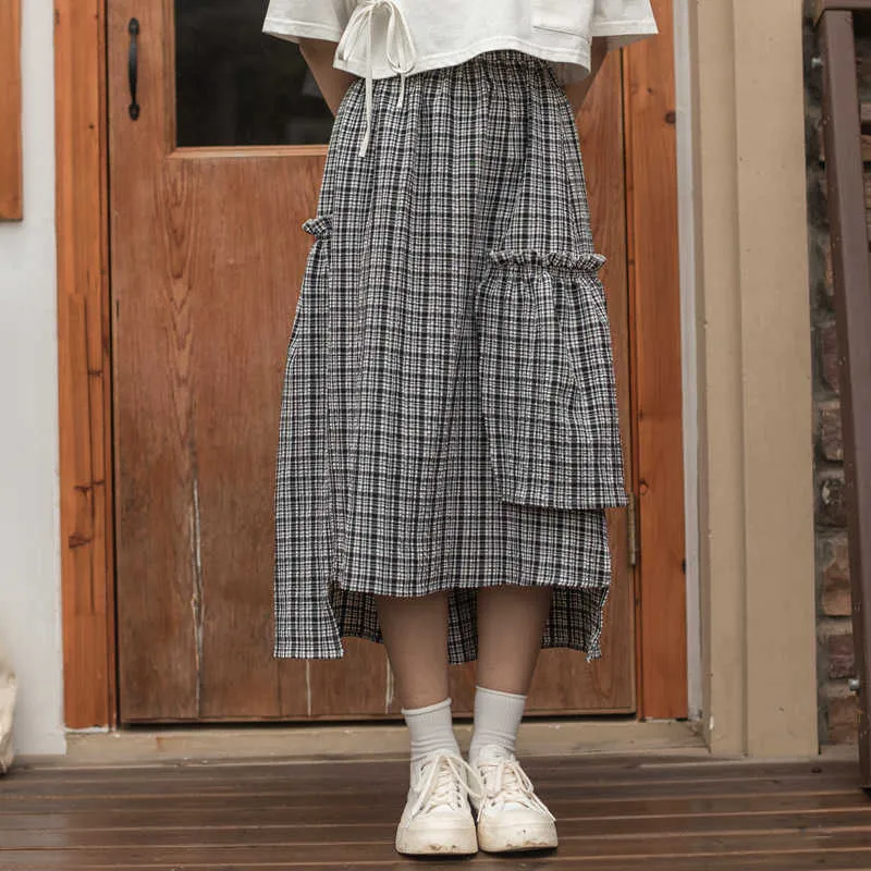 Preppy stijl onregelmatige geruite rokken voor vrouwen Japanse kawaii hoge taille All-match Silm Jupe mode patchwork dunne bodems 210525