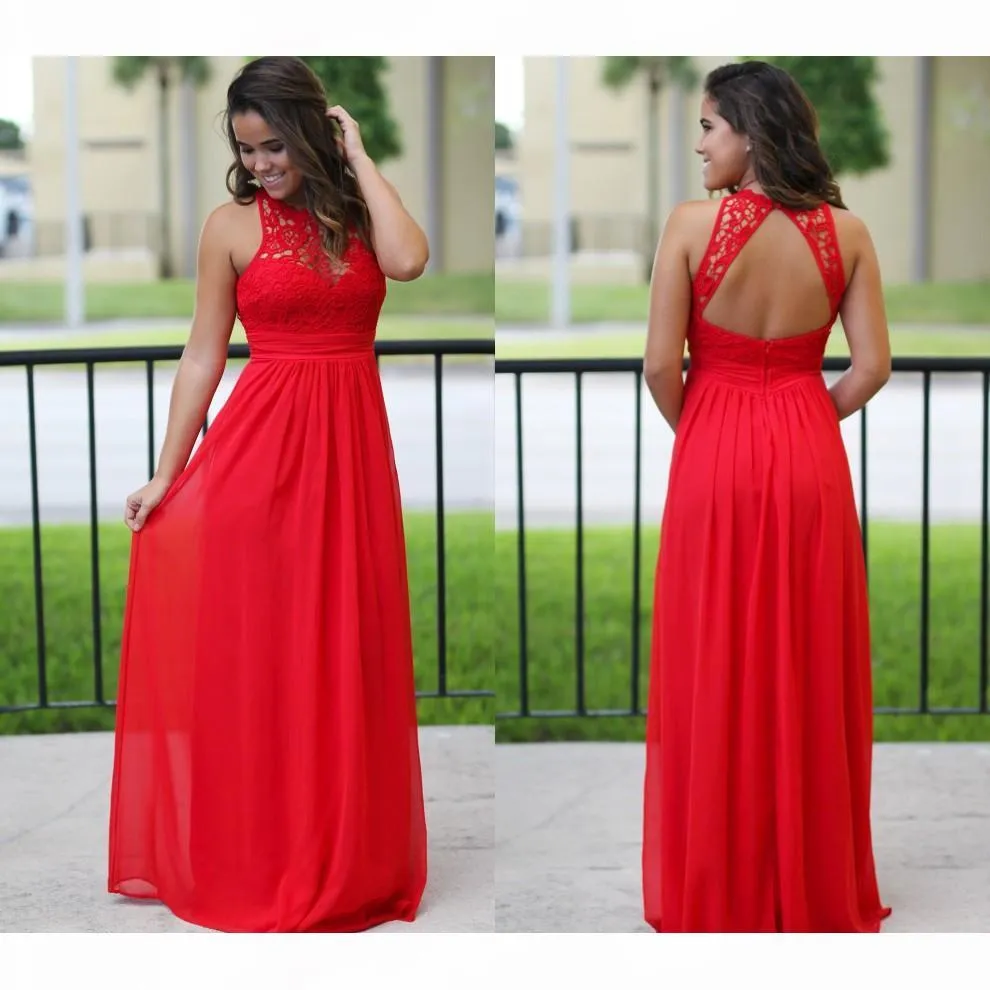 2021 sexy rood land een lijn bruidsmeisje jurken illusie kant chiffon sleevels goedkope strand sexy backless vloer lengte maxi jurk prom jassen