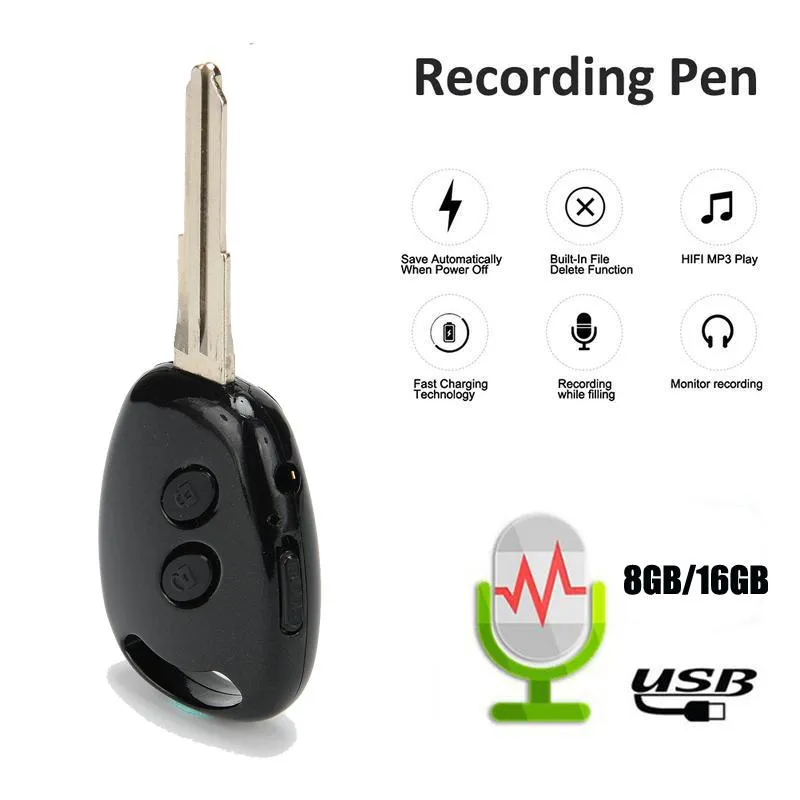 Digital Voice Recorder Mini Key Shaped DictAfone 8GB 16GB Långdistans Audio MP3-spelare