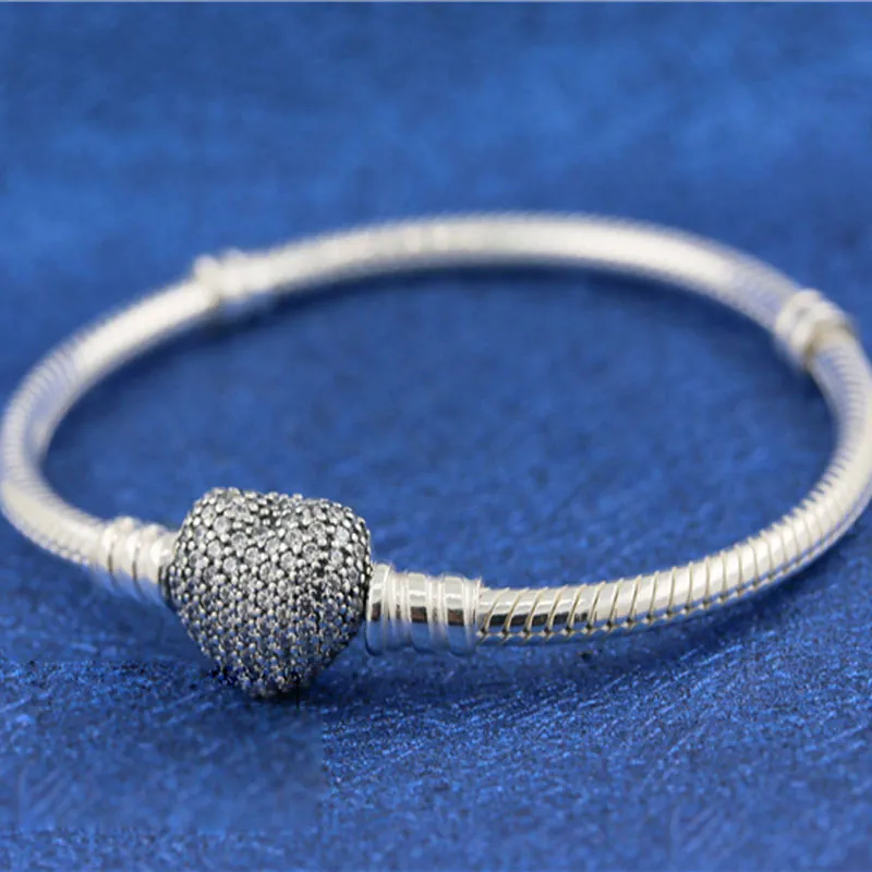 925 Sterling Silber Momente Pave Heart Clasp-Schlangenkette Armband passt für europäische Pandora-Armbänder Charms und Perlen