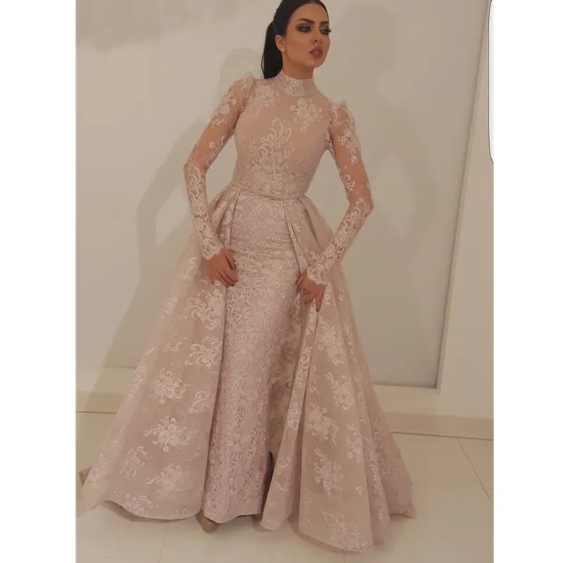 Müslüman Elbise Mermaid Yüksek Yaka Illusion Uzun Kollu Dantel Dubai Suudi Arapça Pageant Akşam elbise Robe de Soiree Özel Durum Elbiseleri