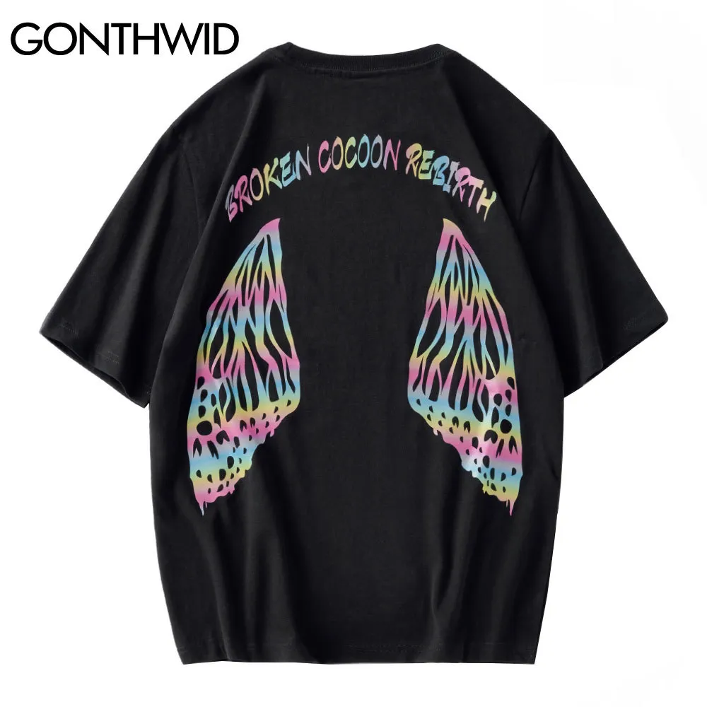 Gonthwid Tees Streetwear Hip Hop Erkekler Kelebek Çince Baskı Yansıtıcı Kısa Kollu Pamuk T-Shirt Gevşek Rahat Harajuku Tops C0315