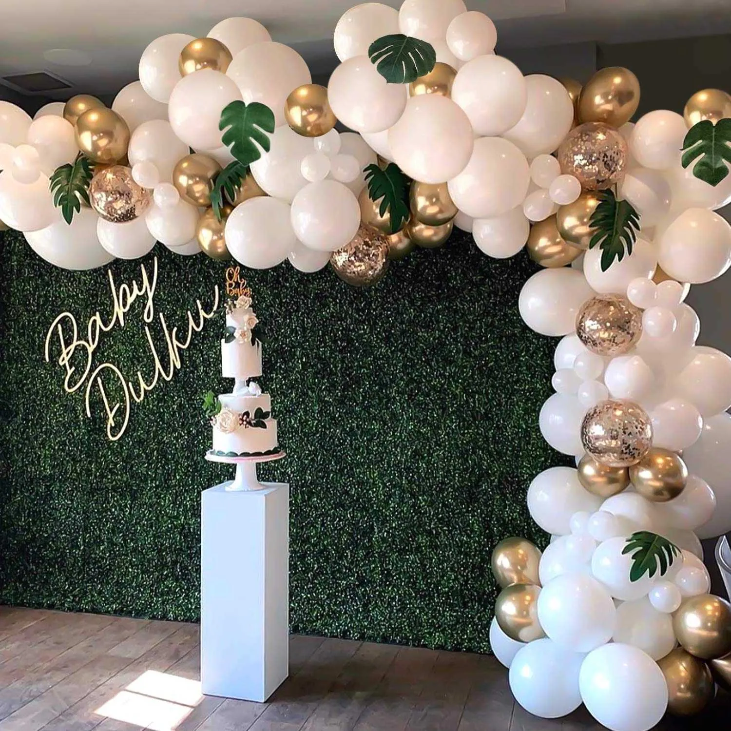 Kit d'arc de guirlande de ballons 98pcs, ballons de confettis en or blanc, feuilles de palmier artificielles 6PCS, ballons pour la décoration de mariage 210626