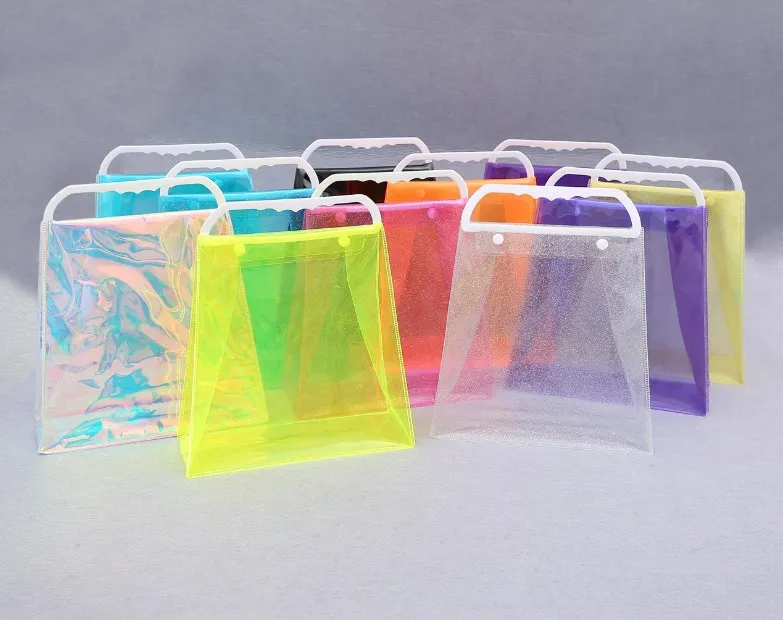PVCレーザーの買い物袋の透明なプラスチック製のハンドバッグカラフルな包装袋ファッションシューダーハンドバッグ収納バッグツール