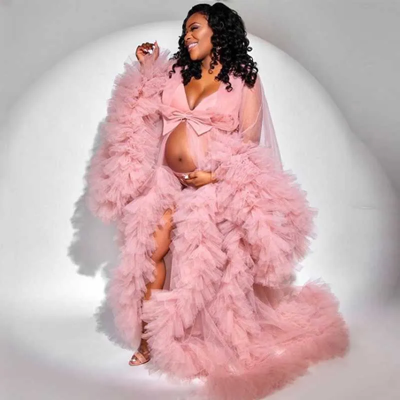 Fashion Ruffled Tulle Robe Pregnant Women Dress See Through Maternity Dress for Photo Shoot Prom Gown Robes Custom Made Q0707