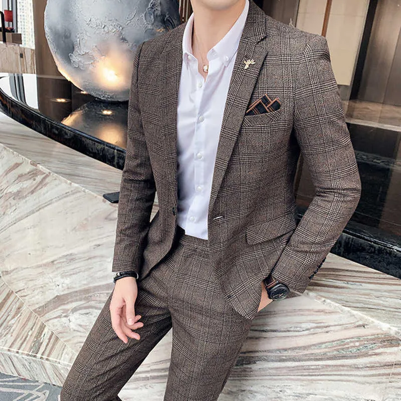 Traje De Hombre Tweed Plaid Trajes De Un Solo Boton Esmoquin Novio De Boda Slim Fit Business Para Hombre Traje Formal Blazer Pantalones Chaleco X0909 De 31 77 DHgate