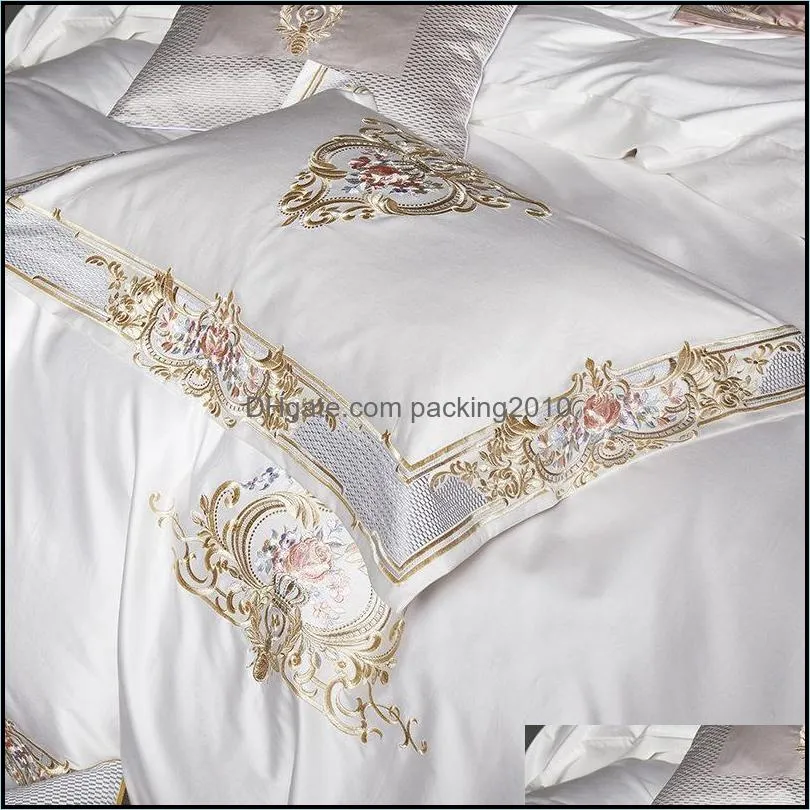 Premium 1000TC Egyptian Cotton White Grey Bedding Set US Queen King Size Embroidery Quilt/Duvet Cover Bedsheet Pillow Shams Sets