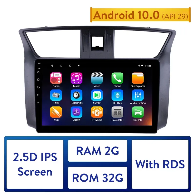 2GB RAM Android 10.0 Bil DVD-radio GPS Head Unit Player för 2012-2016 Nissan Sylphy Support Bakre kamera