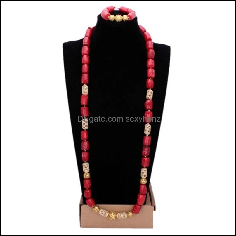 Earrings & Necklace Dudo Jewelry Men`s Nature Coral Beads Set With 2 Pics Bracelet Nigerian Wedding Groom Sets Orange