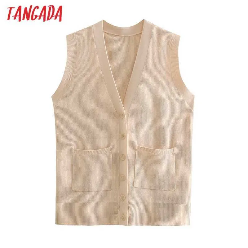 Tangada Women Solid Pockets Loose Knitted Vest Sweater V Neck Button-up Fashion Female Waistcoat Chic Tops BE481 210609