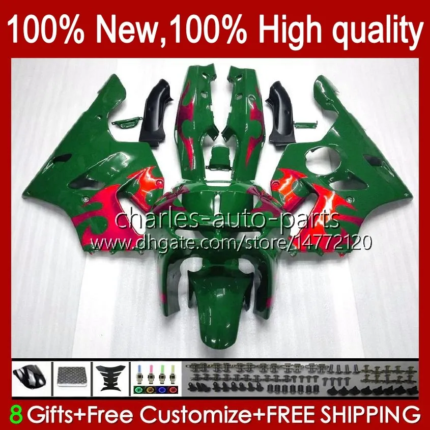 هيكل السيارة ل Kawasaki Ninja ZX-6R ZX 6R 6R 6R 636 600 CC Green 94-97 Body 50hc.7 Red Flames ZX-636 ZX600 ZX 6 R ZX636 1994 1995 1996 1996 ZX6R 94 95 96 97 Fairing Kit