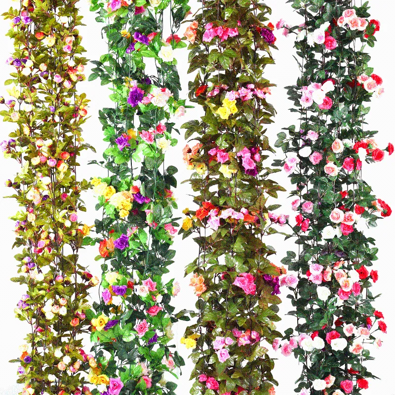 Dekorativa blommor kransar 2,2 meter 42 Små konstgjorda murgröna Rosor Fake Vine Wreath Wedding Home Store Dekoration Plastmur Hangi