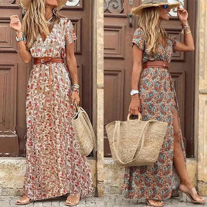 Casual Dresses Fashion Boho Dress Long Women V Neck Short Sleeve Retro Print Belt Hem Beach Elegant Sundress Robe Femme