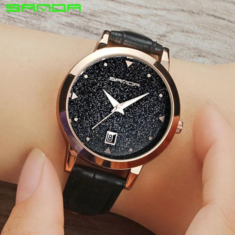 WristWatches Sanda Mulheres Simples Relógios Criativos Gold Star Dial Strap Waterproof Quartz Pulso Relogio Feminino