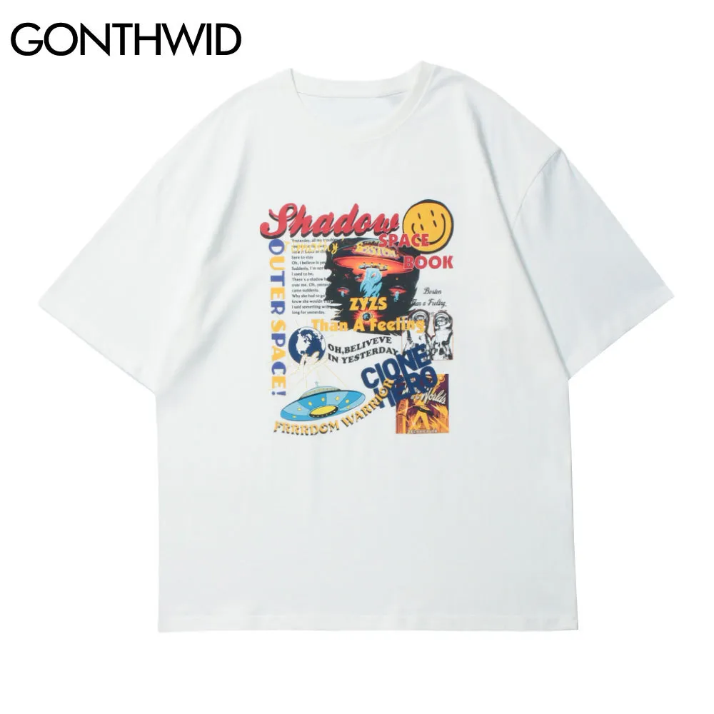 Gonthwid 티셔츠 여름 힙합 하라주쿠 우주선 캐주얼 Tshirts Streetwear 느슨한 짧은 소매 탑 C0315