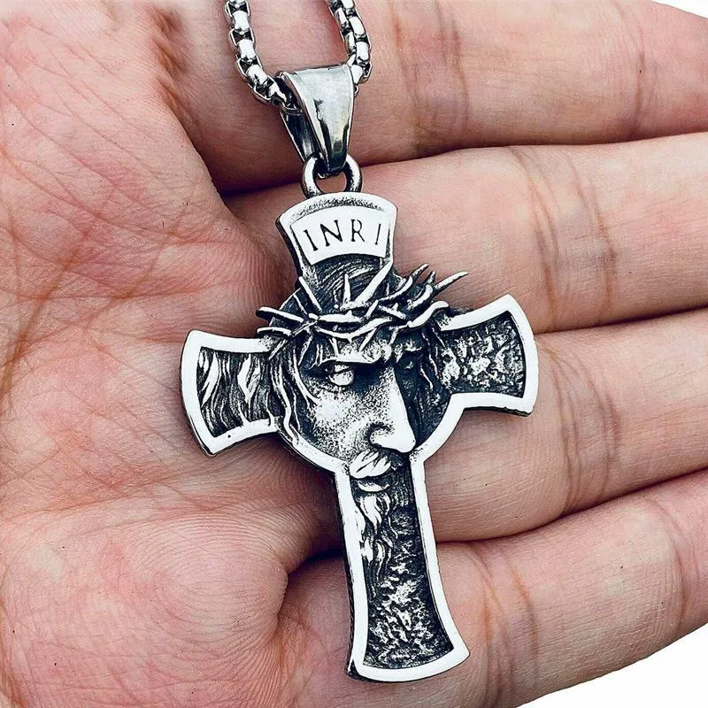 Pendant Necklaces Christ Jesus Crucifix Necklace Stainless Steel Christian Thorns Crown For Men Women Religious Jewelry