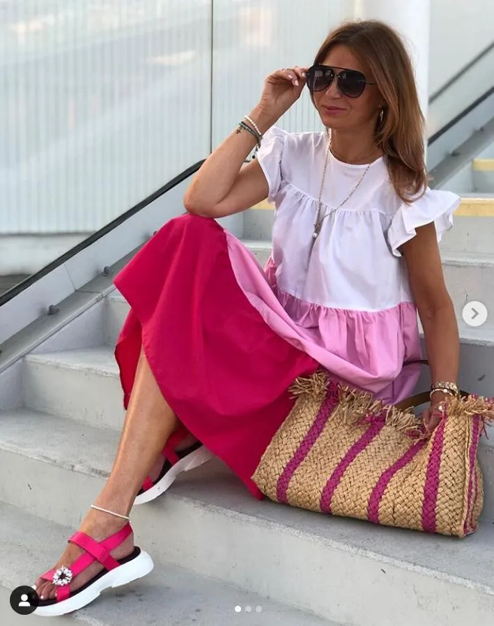 Casual Dresses Summer 2021 Design Sweety Contrast Dress Women O Neck Half Sleeve Oversize Midi Female