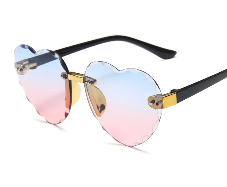 Gafas de sol sin montura en forma de corazón para niñas y niños, gafas sin marco teñidas, gafas de estilo Lolita, colores degradados de lentes cortados, protección UV
