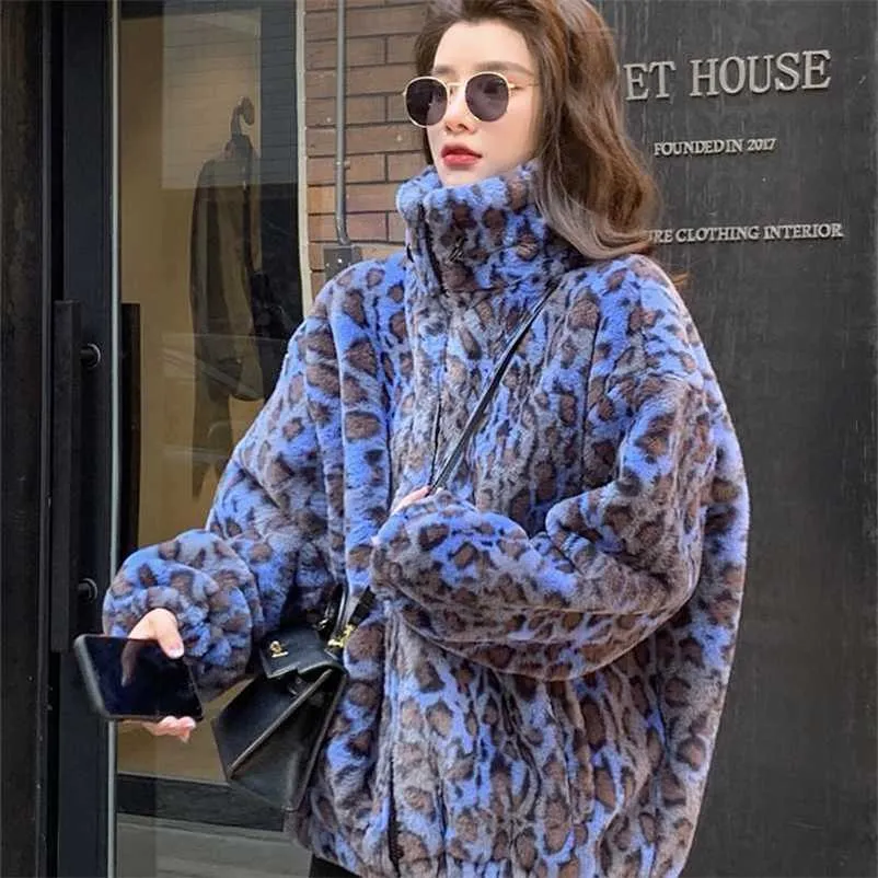 Versão coreana de inverno solto quente cordeiro cabelo mais tamanho casaco curto feminino leopardo pele pelúcia casaco 211122