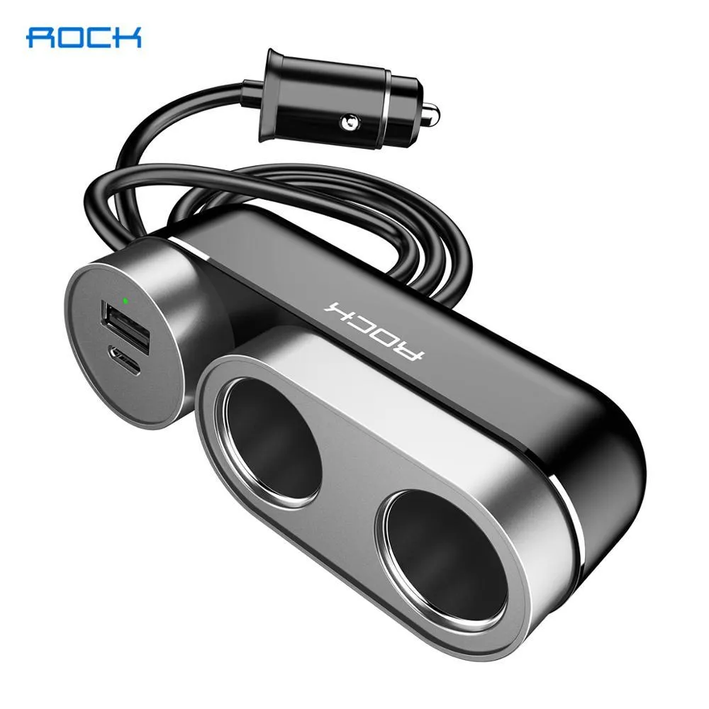 ROCK 2 i 1 splitter 5.4a 100W USB CAR POWER ADAPTER PD Typ C laddare Auto Cigarette Lighter Laddning