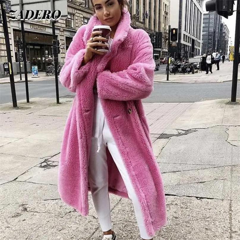ピンクのテディベアロングコート女性冬の厚い暖かい特大のチャンキーアウターコートソリッドハイストリート211123