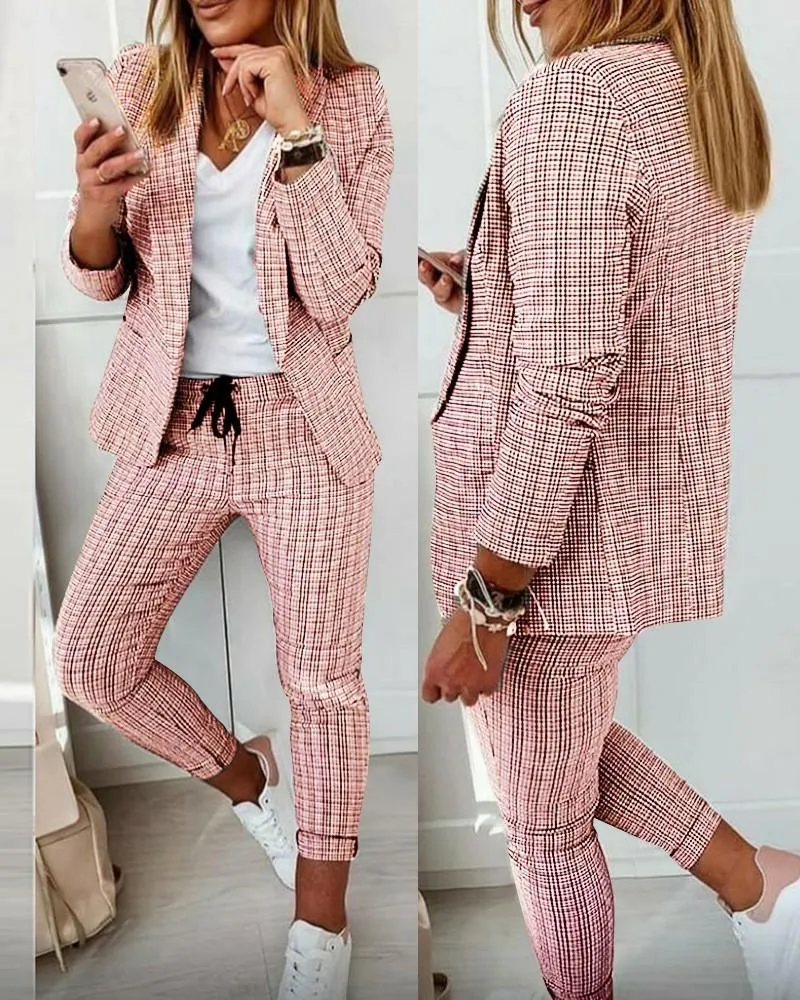 Calças femininas de duas peças casual xadrez impressão blazer casaco cordão conjunto 2021 outono feminino trabalho wear moda terno define manga longa