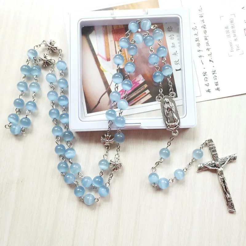 Hanger kettingen religieus kruisbeeld kruis onze dame van guadalupe chaplet chaplet blauw kat opaal kralen ketting rozenkrans ketting kerkgebed juweel