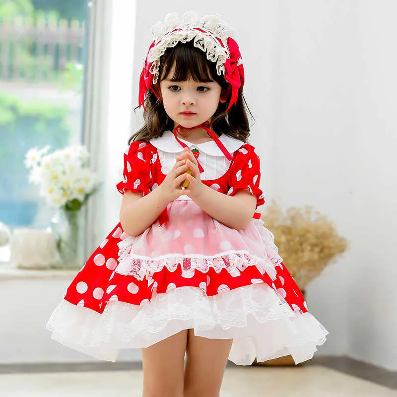Children Boutique Spanish Dresses for Baby Girls Turkey Vintage Style Strawberry Dot Dress Infant Birthday Ball Gown 210615