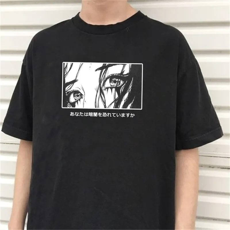 Fashionshow HJNユニセックスあなたは暗い日本のTシャツ原宿スタイル審美的なアニメティーヒップスターズグランジトップ210714を恐れています