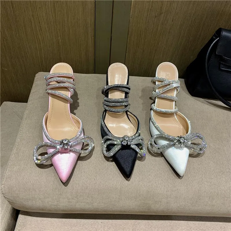 Sandalen Dunne Hoge Hakken Vrouwen Elegante Pompen Strass Boog Ontwerp Zomer Jurk Schoenen Vrouw Crystal Party Bruiloft Mode