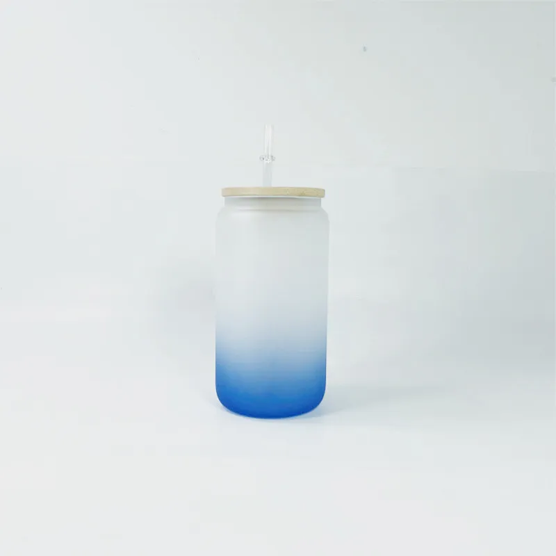 Gradient Can Shaped Glass Frosted Sublimation Tumblers With Bamboo