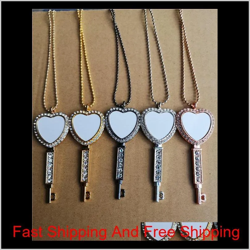 sublimation blank heart key necklaces pendants with drill necklace pendant hot tranfer printing consumable factory price wholesale