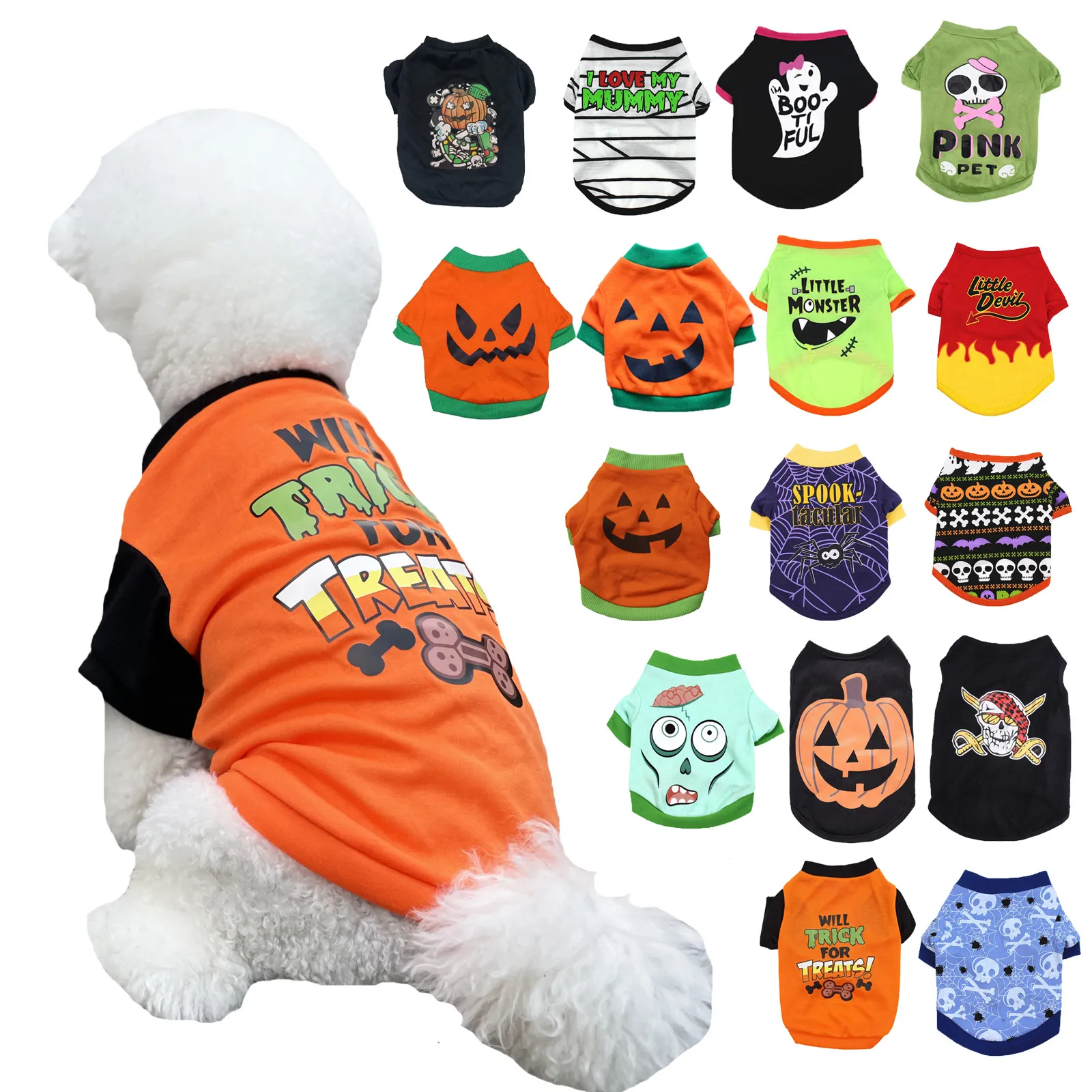 16 Color Halloween Dogs Shirt Dog Apparel Puppy Pets T-Shirt Ghost Costume Outfits Cute Pumpkin Pup Clothes for Small Doggy Cats Pet Clothing Party Cosplay A87