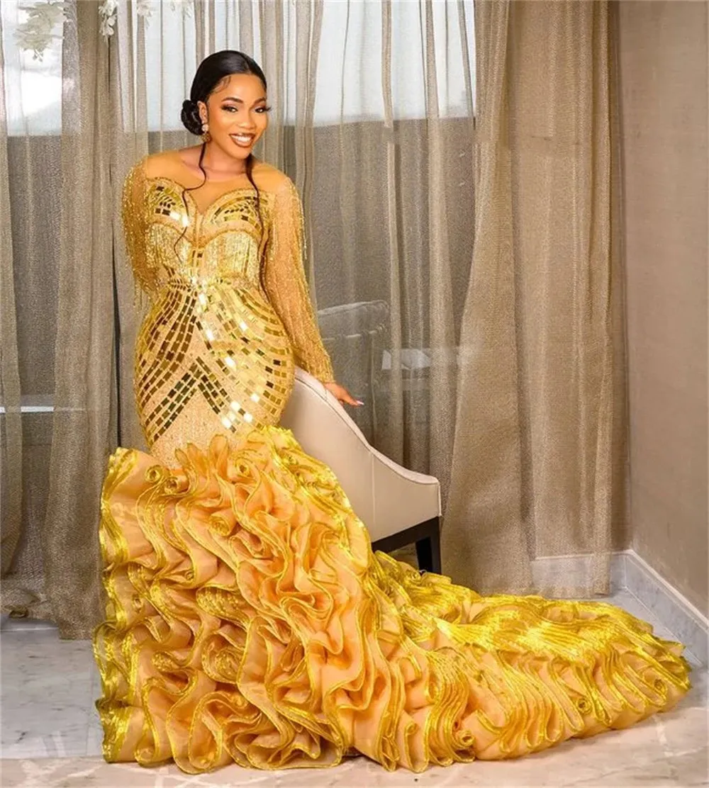 Aso Ebi Styles Gold Mermaid avondjurken met ruches plus size African prom party jurken gewaad de soiree