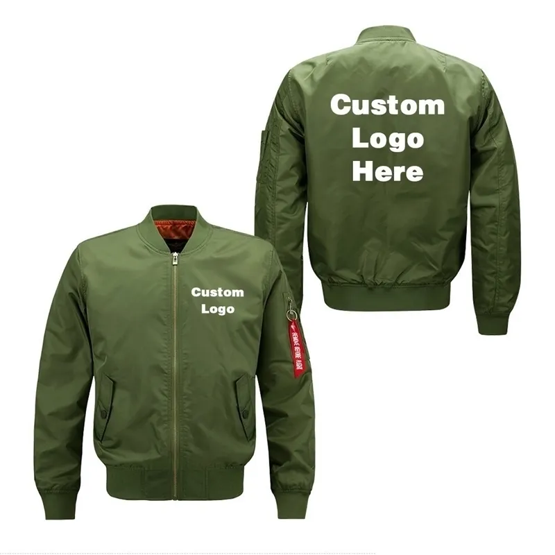 Taille américaine Spring Spring Spring Automne Custom DIY Logo Design Hommes Veste de vol Impression Mince à glissière Manteau Manteau Bombardier Veste unisexe Vêtements de dessus T200502