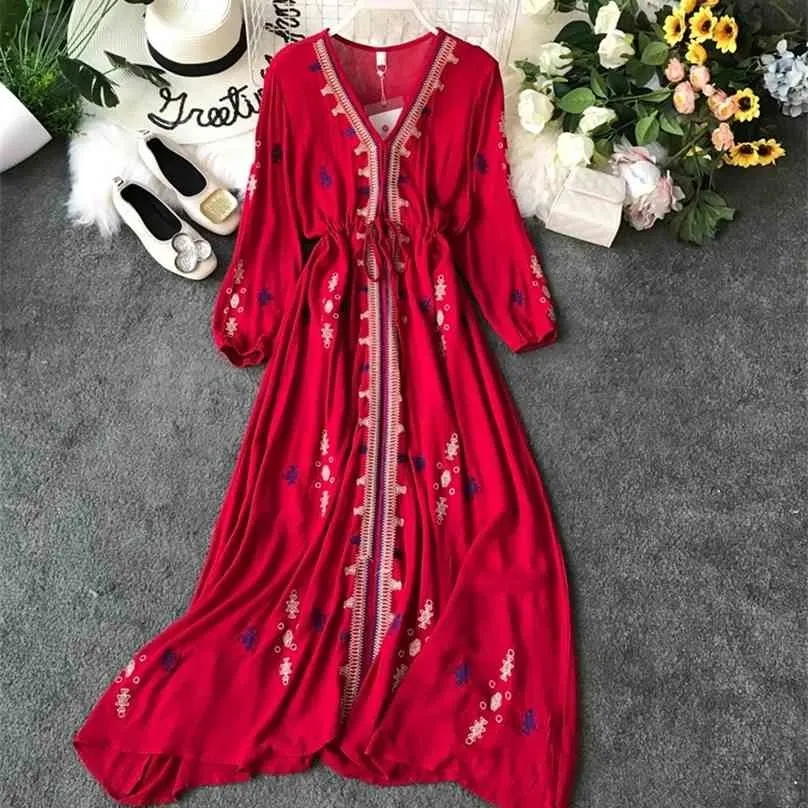 Women Liner Dress Retro Spring Summer Slim With Belt Bandage Red Long Robe Ladies V-neck Vintage Embroidery Boho Vestido 210525