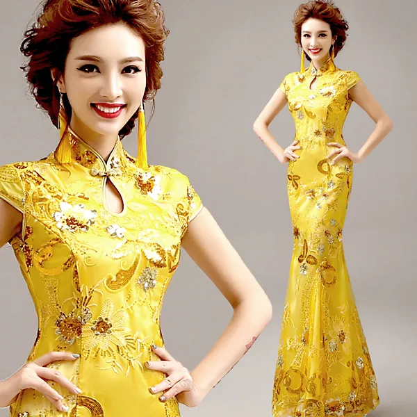 Roupa étnica Yellowgreen Partido Cheongsam Oriental Vestido de Noite Chinês Mulheres Tradicionais Elegante Qipao Sexy Seda Silk Longo Robe