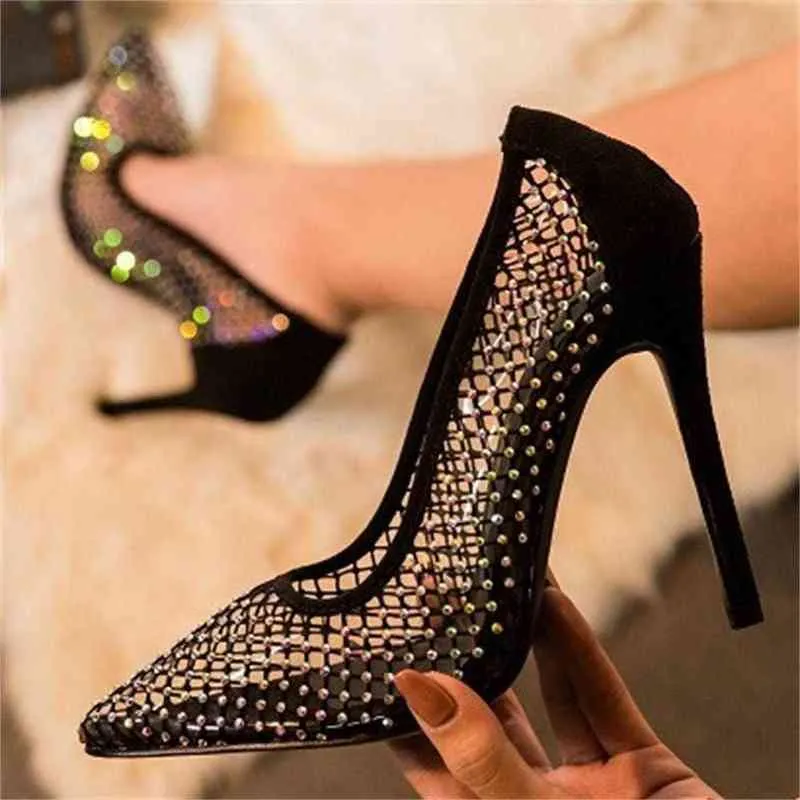 Tacones altos finos Punta de punta Sandalias sexy Zapatos de mujer Crystal Rhinestone Malla Sandalias femeninas Oficina Zapatos de mujer para mujer 2022 Y220224