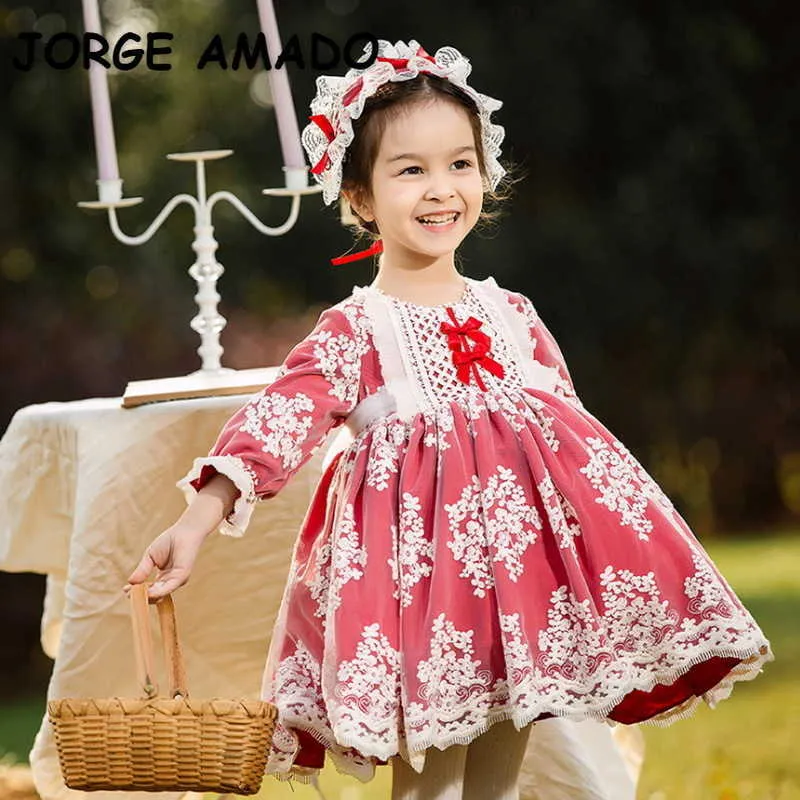 Primavera niños niña vestido de fiesta arco de encaje remiendo rojo mangas largas vestidos de princesa boda realizar ropa E8032 210610