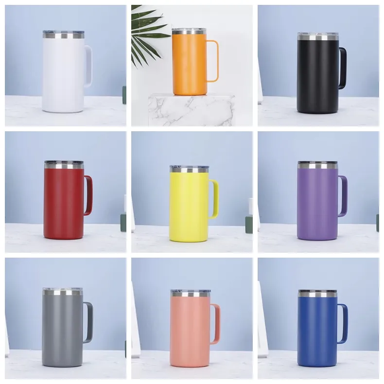 Tasse à café en acier inoxydable de 24 oz Tumbler Logo personnalisé Tasse de voyage de camping isolée sous vide à double paroi avec poignée et couvercles anti-déversement WLL1086