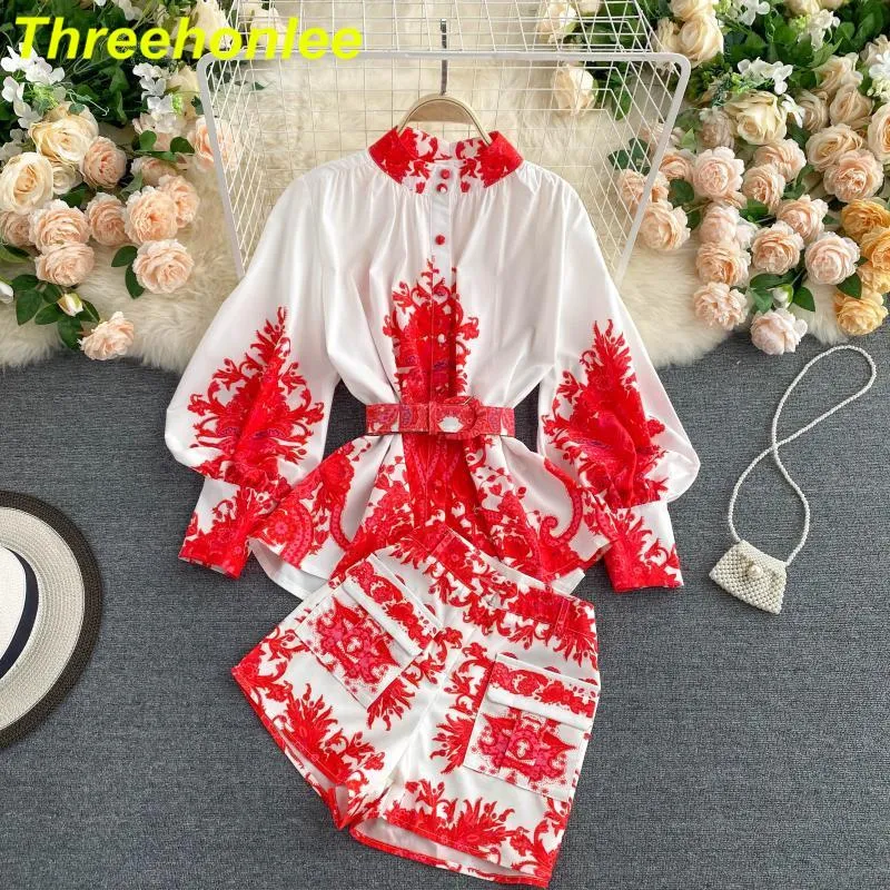 2021 Summer Two Piece Set Women Vintage Printed Pull Sleeve Blouse Tops And Woman Shorts Fashion 2 Piece Set Fall Clothing