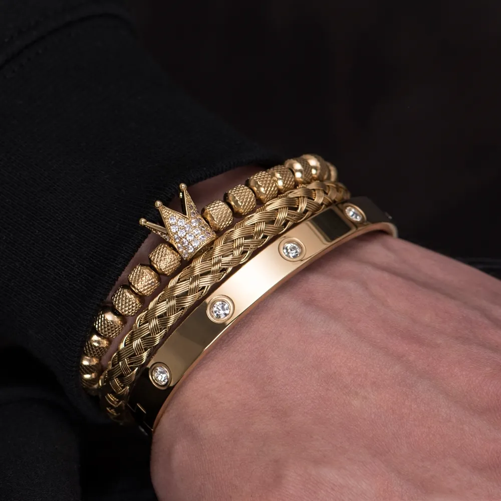 3 pçsset micro pave cz coroa numeral romano pulseiras dos homens de aço inoxidável cristais pulseiras casal artesanal jóias gift5592692