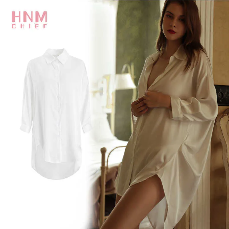 Hnmchief White Dress Shirt Kvinna Sexig Nattkläder Satin Loose Casual Home Nightdress Långärmad Komfort Pajama SleepWear Women 210924