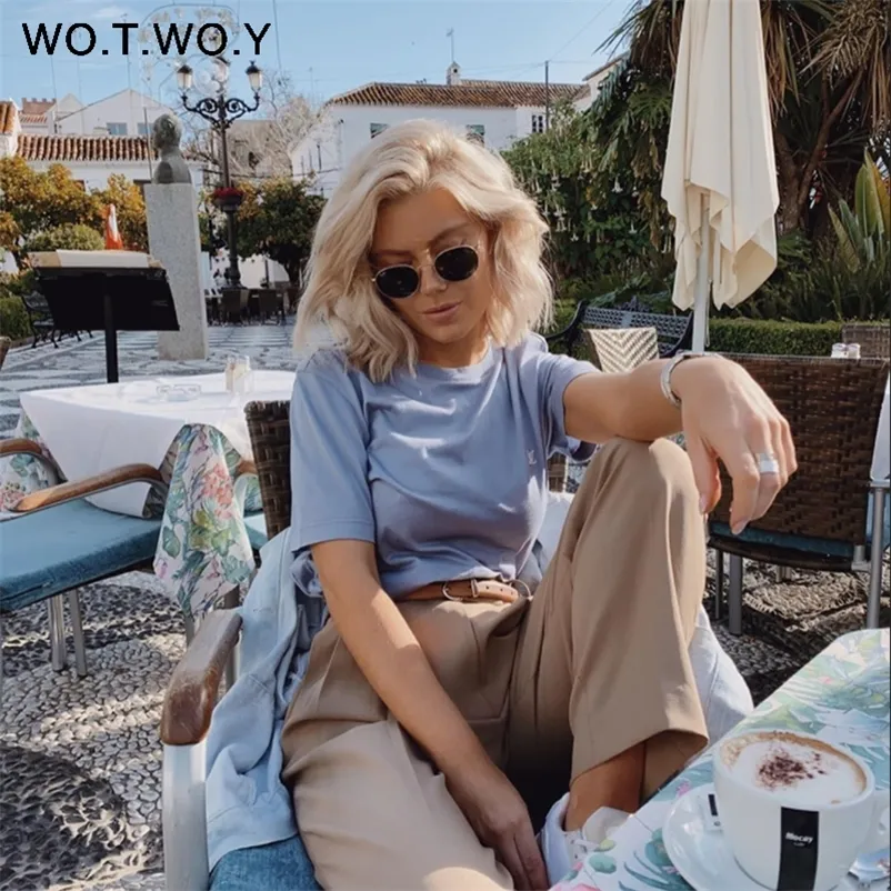 Wotwoy Summer Podstawowa bawełniana T-shirt Kobiety swobodny dzianinowy koszulka Kobiety Kobiety z krótkim rękawem koreańskie topy femme 7 kolorów harajuku 210304